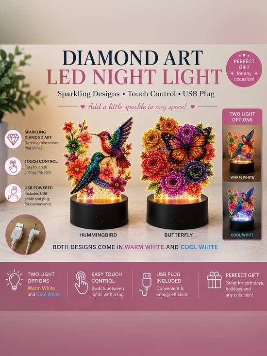 Handmade Other - Diamond Art LED Night Light. Butterfly and hummingbird acrylic lamps. Sealed.